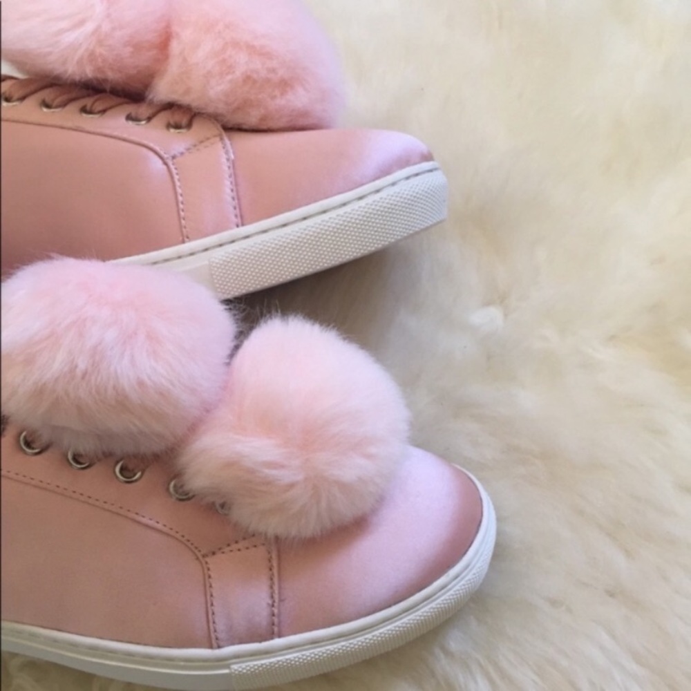 J/Slides Pink Cash Satin Faux Fur Pompom Sneakers - Picture 3 of 6